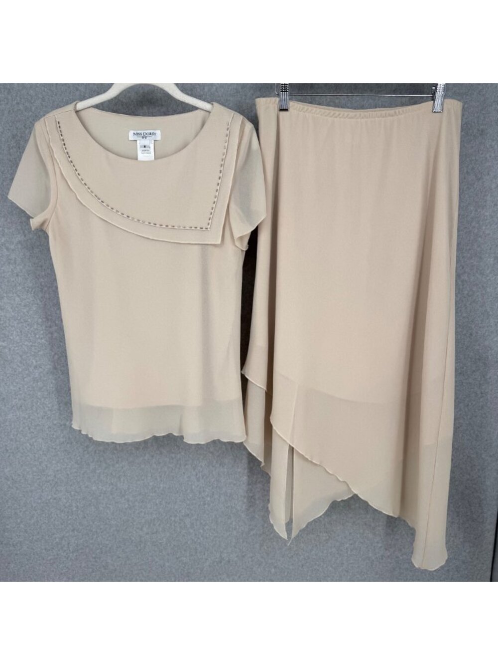 Miss Dorby VTG Two Piece Skirt Top Set Size 8 Tan Asymmetrical Fairy Flowy EUC